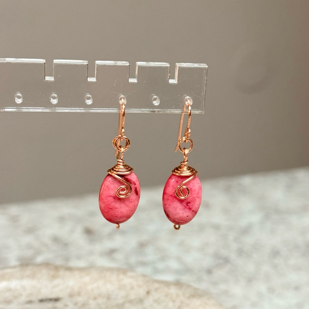 Artisan Oval Pink Agate Stone Wire Wrapped Dangle Earrings